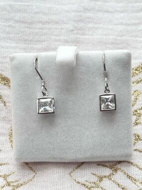 Sterling Silver Square Cubic Zirconia Drop Earrings - Silver